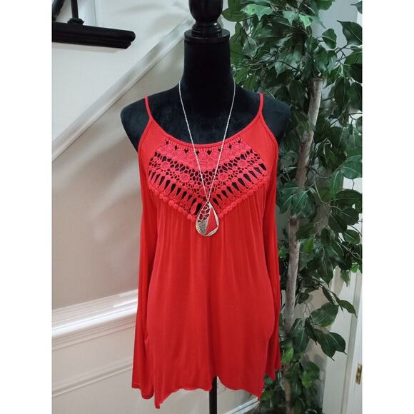 MIHOLL Women's Red Lace Round Neck Cold Shoulder Spaghetti Straps Top Blouse Med - Picture 9 of 10